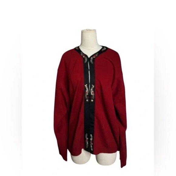 Koret Vintage Embroidered Cardigan – Red Knit Sweater with Black Trim 2X - Picture 4 of 7